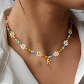 Turandoss Colorful Flower Beaded Initial Choker Necklace for Girls Women Tiny Gold Plated Pendant Letter A-Z Boho Jewelry Personalized Birthday Gifts for Women Teen Girl