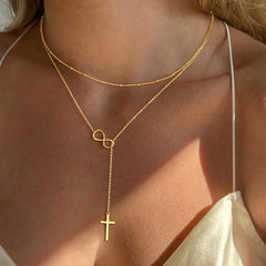 Turandoss Infinity Gold Cross Necklace for Women - Dainty 14K Gold Plated Y Shaped Cross Pendant Necklace Long Layered Necklaces for Women Drop Lariat Necklaces Jewelry for Womens Christmas Gifts