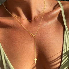 Turandoss Infinity Gold Cross Necklace for WomenDainty 14K Gold Plated Y Shaped Cross Pendant Long Layered Drop Lariat Necklaces Jewelry for Womens Easter Birthday Gifts