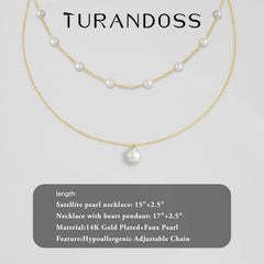 Turandoss Cultivate Pearl Necklace for Women Trendy 14K Gold Plated Satellite Pearl Pendant Dainty Pearl Necklace Stacked Bride Bridesmaid Gifts Wedding Birthday Gifts Summer Jewelry Trend for Women
