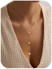 Turandoss Long Lariat Necklace for Women Layered Bead Heart Pendant 14K Gold Plated Drop Chain Choker Jewelry Teacher Appreciation Mothers Day Graduation Gifts for Her Mom Kids Teen Girls Wife Ideas