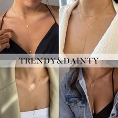 Turandoss Long Lariat Necklace for Women Dainty Layered Bead Heart Pendant 14K Gold Plated Simple Y Shaped Drop Chain Choker Necklaces Jewelry Trendy Gift Women Girl