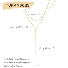 Turandoss Lariat Gold Necklace for WomenDainty 14K Gold Plated Y-Shaped Drop Necklace Layered Lariat Necklaces for Women Cubic Zirconia Long Necklaces Jewelry for Womens Gifts