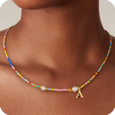 Turandoss Colorful Beaded Necklace for Women Girls, Dainty Gold Initial Pearl Bead Choker Necklace, Cute Birthday Gifts for Girls, 16+2.5Inches, A