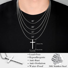 Turandoss 2 Pcs Black Silver Cross Necklace for Men Inspirational Bible Verse Cross Chain for Men Stainless Steel Cross Pendant Box Chain 18-24 inch Easter Birthday Gifts for Men Husband