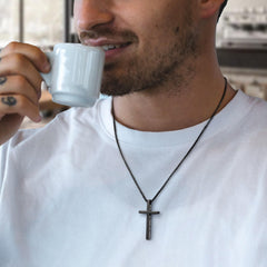 Turandoss 2 Pcs Black Silver Cross Necklace for Men Inspirational Bible Verse Cross Chain for Men Stainless Steel Cross Pendant Box Chain 18-24 inch Easter Birthday Gifts for Men Husband