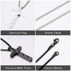 Turandoss 2 Pcs Cross Necklace for Men Boys Silver Black Stainless Steel Bible Verse Chain Pendant American Flag Religious Christian First Easter Jewelry Gift 20 inches for Men Husband