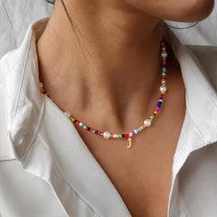 Turandoss Colorful Initial Necklaces for Girls Beaded Pearl Choker Necklace for Women Teen Girl Colorful Summer Boho Necklace Jewelry Trendy Personalized Letter Initial Gifts Birthday Gifts Kids
