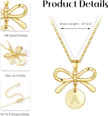 Turandoss Flower Girl Gifts, Bow Coin Initial Necklace Flower Girl Proposal Dainty Letter A-Z Jewelry Gifts From Bride, Wedding Bridal Shower Party Gift for Girls