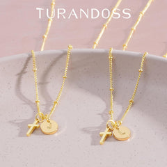 Turandoss 14K Gold Plated Cross Initial Disc Necklace for Women GirlsDainty Letter A-Z Coin In Pendant Jewelry Cute Stuff for Teen Girls Personalized Christian Gifts for Women Girls
