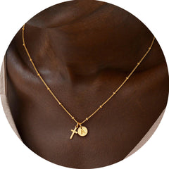 Turandoss Dainty Gold Cross Initial Necklace for Women Girls - Disc Letter Pendant Necklace Trendy, Birthday Gifts for Women, Jewelry for Her, 16+2.5