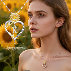 Turandoss Dainty 14K White Gold Plated Sunflower Heart Initial Pendant Necklaces for Women Trendy You Are My Sunshine CZ Personalized Little Girl Jewelry Anniversary Birthday Gifts for Teen Girls