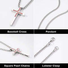 Turandoss Baseball Cross Necklace for Men Boys 2 Pcs Stainless Steel Bible Verse Cross Pendant Necklaces Black Silver Chain 20 inch Christian Baptism Religious Jewelry Gifts for Men Hueband Teen Boy