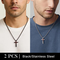 Turandoss Baseball Cross Necklace for Men Boys - 2 Pcs Stainless Steel Bible Verse Cross Pendant Necklaces Black Silver Chain 20 Inch Christian Baptism Religious Jewelry Gifts for Teen Boy