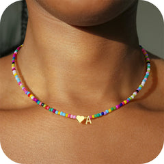 Turandoss Heart Initial Necklaces for Women 14K Gold Plated Colorful Beaded Pendant Choker Jewelry Birthday Teacher Appreciation Mothers Day Graduation Gifts for Her Mom Kids Teen Girls Wife Ideas