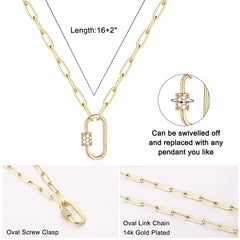Turandoss Link Chain Necklace for Women, 18K Gold Paperclip Pendant Necklaces with Cubic Zirconia, Gold Jewelry for Women, Christmas Gifts, 18+2In