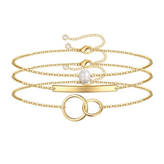 Pearl&Bar&Two Cirlcles Dainty Gold Bracelets for Women