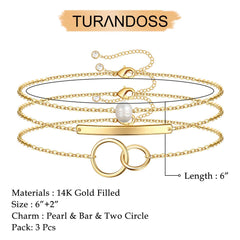 Pearl&Bar&Two Cirlcles Dainty Gold Bracelets for Women