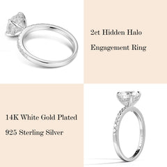 Turandoss 2Ct Hidden Halo Engagement Rings for Women 14K White Gold Plated Solid 925 Sterling Silver Cubic Zirconia Solitaire Wedding Anniversary Bands Jewelry Gifts for Women Her