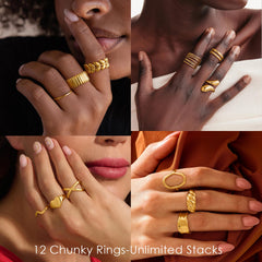 Turandoss 12 PCS Chunky Gold Plated Rings for Women Non Tarnish - 14K Gold Plated Dainty Thick Stackable non tarnish Open Rings for Women Minimalist Gold Adjustable Ring Pack Trendy Jewelry Gifts