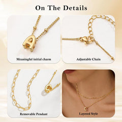 Turandoss 2PCS Dainty Gold Initial Necklaces for Women Trendy, Layered Bubble Pendent Necklace, Gold Jewelry for Women, Birthday Gifts for Her