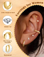 Turandoss Hypoallergenic Flatback Stud Hoop Earrings for Women - Surgical Stainless Steel 14K Gold Plated Earrings Trendy Small Hoops Cartilage Earring Stacks Huggie Jewelry Set for Multiple Piercing