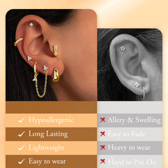 Turandoss 14K Gold Plated Hoop Stud Earrings for Women Hypoallergenic surgical steel Stackable Huggie waterproof Earrings Set for Multiple Piercings, Dainty Cartilage Lobe Jewelry Set