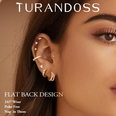 Turandoss 14K Gold Plated Hoop Stud Earrings for Women Hypoallergenic surgical steel Stackable Huggie Earrings Set for Multiple Piercings, Dainty Cartilage Lobe Jewelry Set