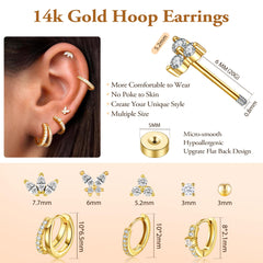 Turandoss 14K Gold Plated Hoop Stud Earrings for Women Hypoallergenic surgical steel Stackable Huggie Earrings Set for Multiple Piercings, Dainty Cartilage Lobe Jewelry Set