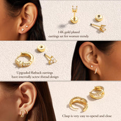 Turandoss 14K Gold Plated Hoop Stud Earrings for Women Hypoallergenic surgical steel Stackable Huggie Earrings Set for Multiple Piercings, Dainty Cartilage Lobe Jewelry Set