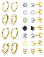 Turandoss 18K Gold Plated Small Stud Hoop Flat Back Earrings Set for Women Trendy Hypoallergenic Earring Stacks Cute Mini Lightweight Fashion Jewelry Birthday Gifts for Her Teen Mom Girlfriend Ideas