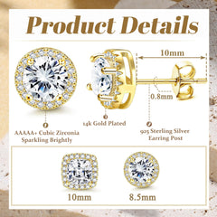 Turandoss 18K Gold Plated Halo Stud Earrings for Women 925 Sterling Silver Cubic Zirconia Stud Earrings Round Square Diamonique Stud Earrings Set Jewelry Gifts for Women Men Girls
