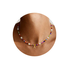 Turandoss Colorful Beaded Necklace for Women Girls, Dainty Gold Initial Pearl Bead Choker Necklace, Cute Birthday Gifts for Girls, 15+2.5Inches, A