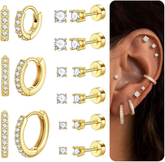 Turandoss 9Pairs Flat Back Stud Earrings for Women Girls, CZ Hoop Huggie Cartilage Clip on Earring, Birthday Gift, Valentine's Day Gifts for Wife Mom