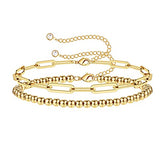Turandoss 2PCS Dainty Layered Bracelets for Women Girls, 18K Gold Plated Cute Stack Beaded Paperclip Bracelet Hypoallergenic, Jewelry Gifts for Women