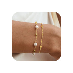 Turandoss 18K Gold Beaded Bracelets for Women Girls, Pearl Bead Bracelet for Kids, Link Chain Bridesmaid Bracelet, Christmas Gifts for Women Girls