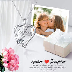 Turandoss 925 Sterling Silver Mom Necklace Heart Birthstone Necklace Gifts for Mom Anniversary Valentines Mothers Day Birthday Jewelry Gifts for Mom