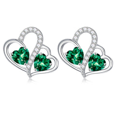 Turandoss Birthstone Earrings for Women 925 Sterling Silver CZ Double Heart Birthstone Trendy Jewelry Birthday Valentine's Day Gifts for Women Wife Her