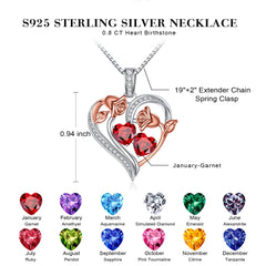 Turandoss Heart Birthstone Necklace for Women 925 Sterling Silver Double Rose Birthstone CZ Trendy Jewelry Mothers Day Birthday Valentines Day Gifts for Women Wife Her
