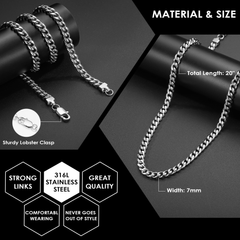 Turandoss Silver Black Cuban Link Chain Necklace for Men Boys, Stainless Steel Chains Necklaces for Him, Birthday Valentine's Day Gift from Mom, 20In