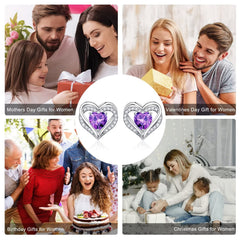 Turandoss S925 Sterling Silver Stud Earrings for Women, Month Birthstone Heart Cartilage Earring, Birthday Valentine's Day Gifts for Women Wife Mom