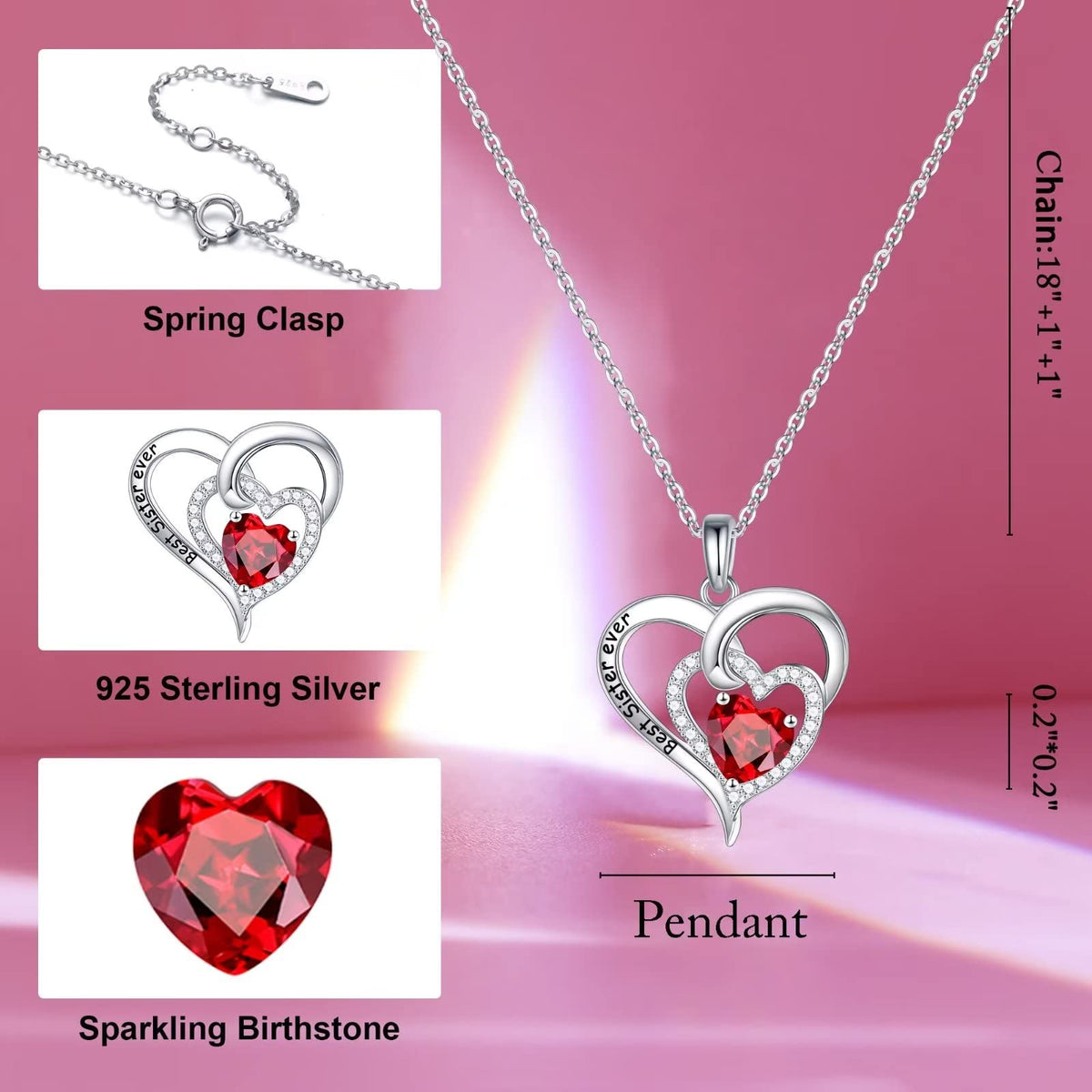 Turandoss Sisters Gifts Heart Necklace S925 Sterling Silver Double Heart Birthstone Necklaces Anniversary Birthday Gifts for Sister Sister in Law Big Sister