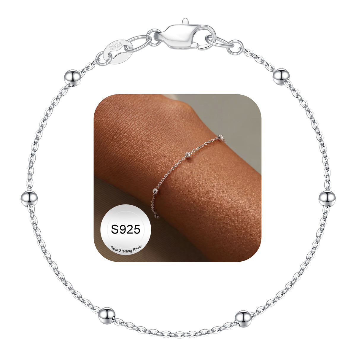 Turandoss Italian S925 Sterling Silver Bracelet for Women Satellite Bead Chain Bracelet 9.5 inch Sturdy Hypoallergenic Solid 925 Sterling Silver Chain Jewelry Mothers Day Birthday Gifts for Women