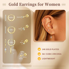 Turandoss 7Pairs Flat Back Stud Earrings for Women Girls, CZ Ball Hoop Huggie Cartilage Dnagle Earring, Birthday Valentine's Day Gifts for Wife Mom
