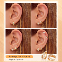 Turandoss 6Pairs Flat Back Stud Earrings Set for Women Girls, CZ Ball Hoop Huggie Cartilage Earring, Birthday Gift, Valentine's Day Gifts for Wife Mom