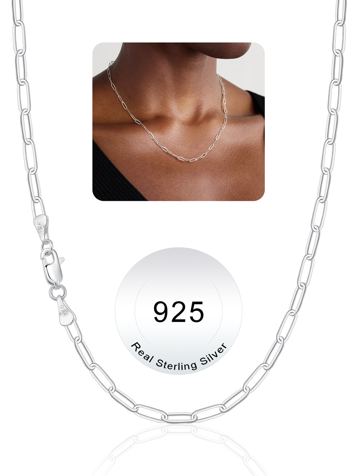 Turandoss Silver Chain Necklace for Women Men - 3.3mm Silver Paperclip Chain for Women Men Hypoallergenic, Jewelry Gifts for Her Him, 16, 18 inches