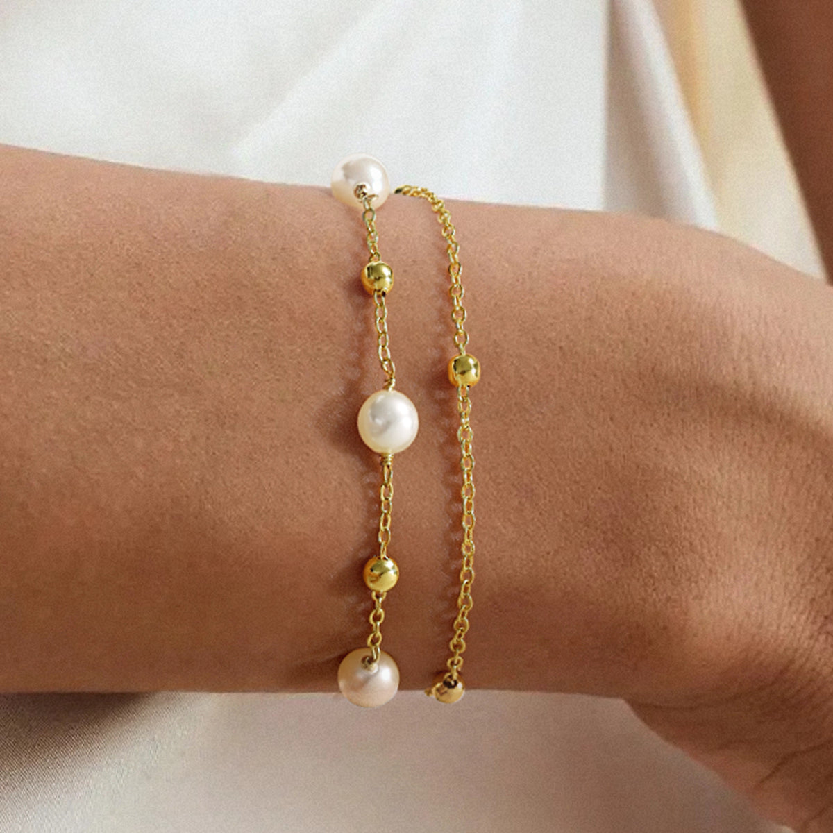 Turandoss 18K Gold Beaded Bracelets for Women Girls, Pearl Bead Bracelet for Kids, Link Chain Bridesmaid Bracelet, Christmas Gifts for Women Girls