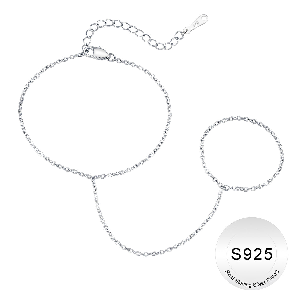 Turandoss S925 Sterling Silver Hand Chain Bracelet for Women - Dainty Silver Link Chain Bracelet, Finger Rings Bracelets, Christmas Gifts, 6+2Inches