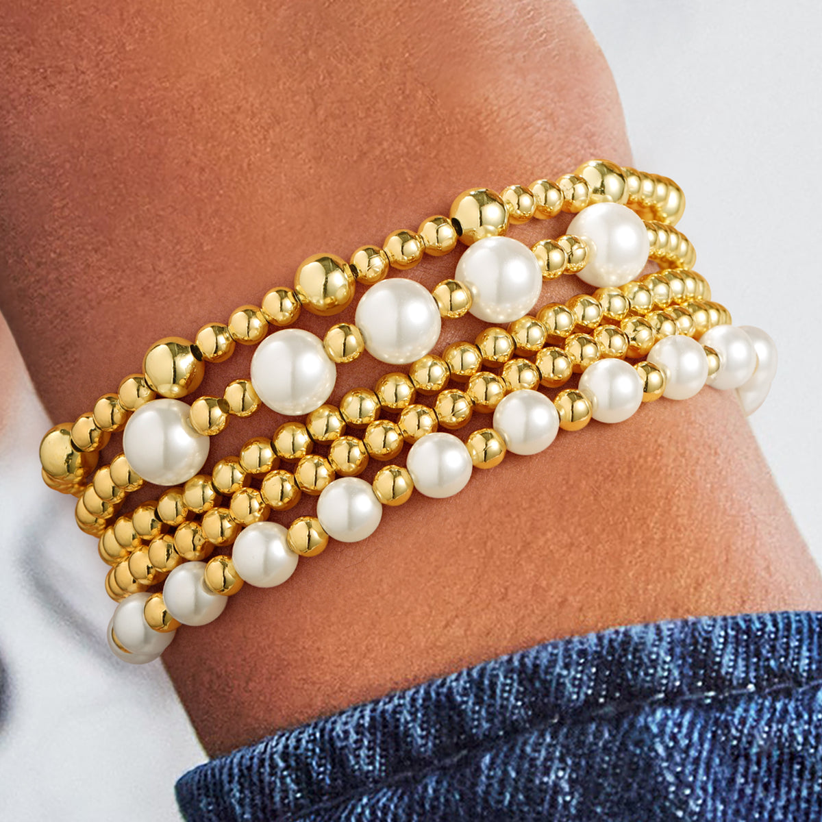 Turandoss 18K Gold Beaded Bracelets for Women, Dainty Pearl Bead Ball Stretch Stack Bracelet Set, Birthday Gift, Valentine's Day Gifts for Women