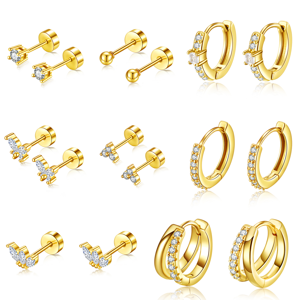 Turandoss 8Pairs Flat Back Stud Earrings Set for Women Girls, Butterfly CZ Hoop Huggie Cartilage Earring, Birthday Valentine's Day Gifts for Wife Mom